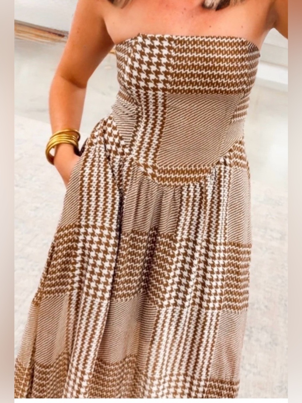 Baby Pink Strapless Houndstooth Midi Dress in Brown and Cream
